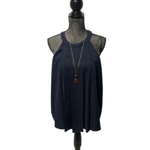 Doe and Rae Navy Blue Sleeveless Blouse Womens Size Large Front Pleats Lined